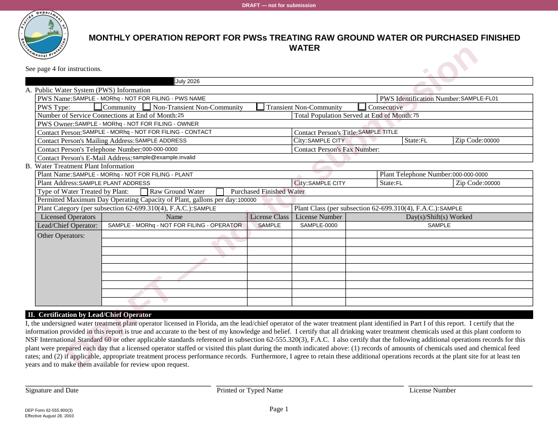 Florida form 62-555.900(3), filled with sample readings and stamped DRAFT.
